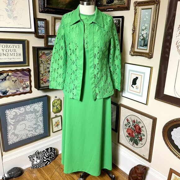 70s Vintage Kelly Green High Waist Sleeveless Polyester Dress with Lace Jacket - Picture 2 of 9